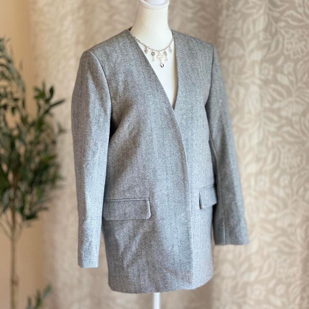 NWOT MNG Mango Gray Herringbone Wool Blend Blazer Minimalist Quiet Luxury Sz‎ XS